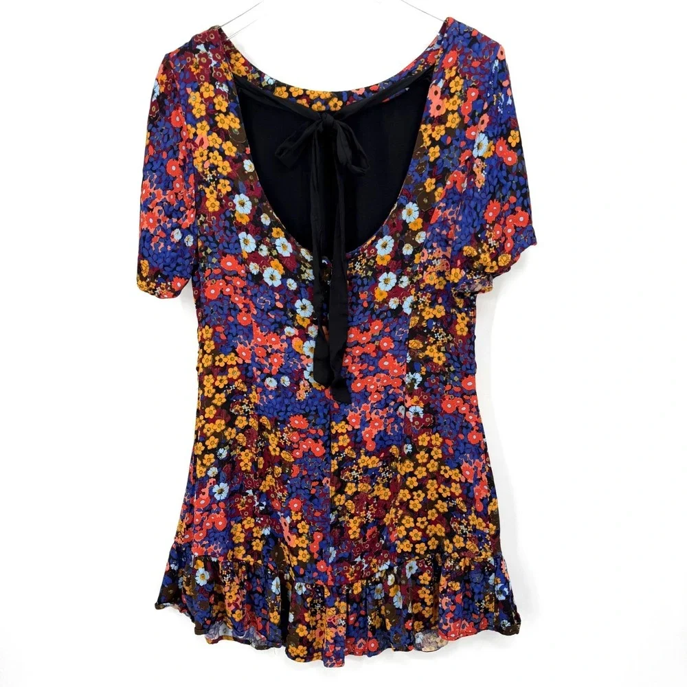 Anthropologie Ruffled Satin Mini Dress Size 14 Floral Tie Open Back Colorful - Picture 6 of 14